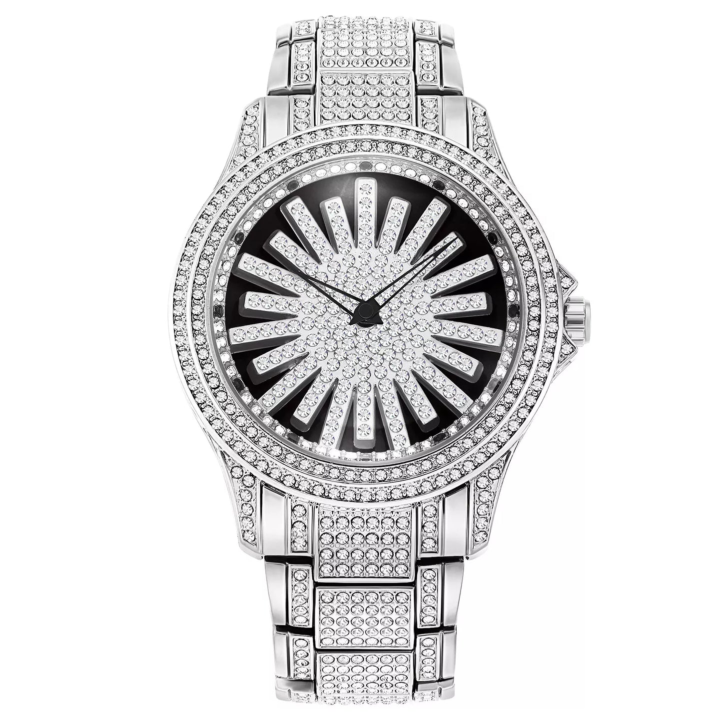 Men's Iced-Out Watch with Rotating Dial ⌚️ Sparkling Crystals, Precise Quartz & Butterfly Clasp