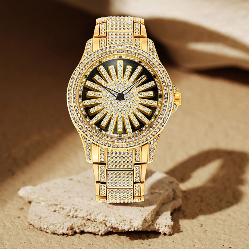 Men's Iced-Out Watch with Rotating Dial ⌚️ Sparkling Crystals, Precise Quartz & Butterfly Clasp