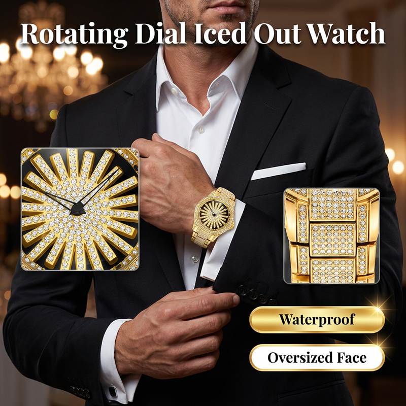 Men's Iced-Out Watch with Rotating Dial ⌚️ Sparkling Crystals, Precise Quartz & Butterfly Clasp