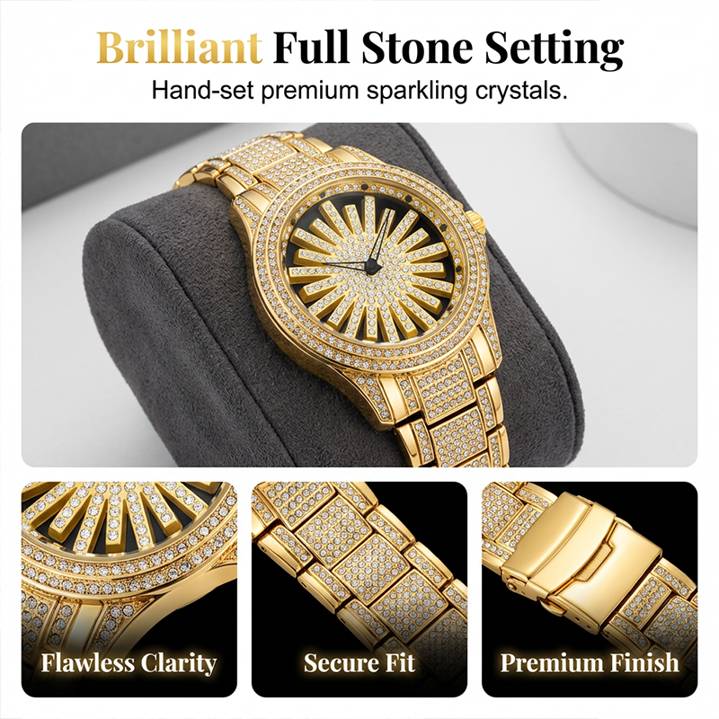 Men's Iced-Out Watch with Rotating Dial ⌚️ Sparkling Crystals, Precise Quartz & Butterfly Clasp